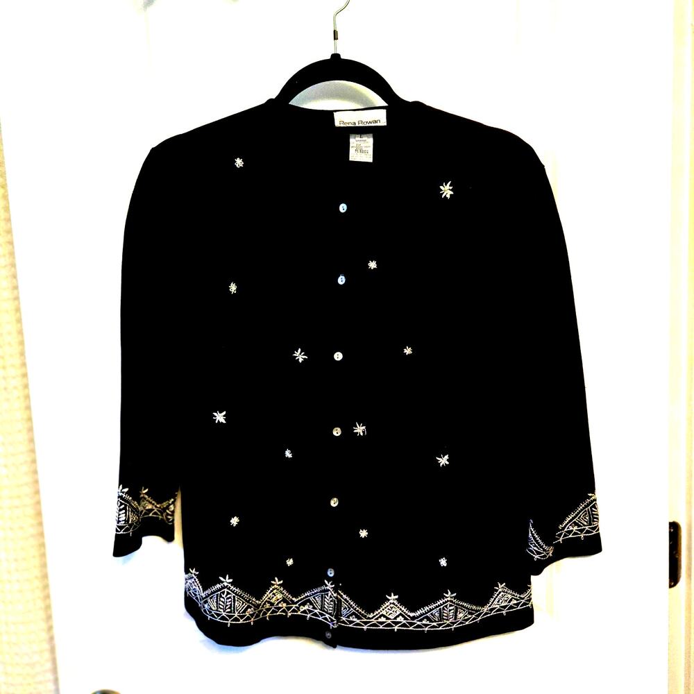 Rena Rowan Cardigan Womens L Black Silk Blend Embroidered